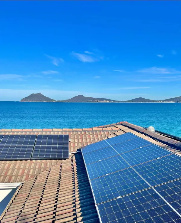 A nice shot of some home solar panels with the ocean in the background in Hawks Nest NSW.