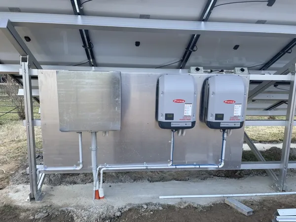 A pair or Fronuis inverters on a ground mounted solar panel system by Lynergy Solar.