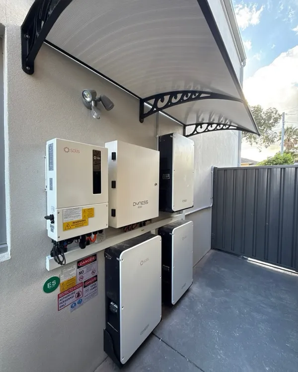 Solis battery installation with awning.