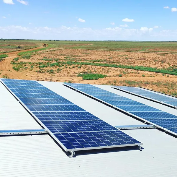 An off-grid solar installation for a cattle station in Boulia, Queensland. The system features 15kW of Q Cell solar panels, three 5kW ABB inverters, and a Selectronic inverter.